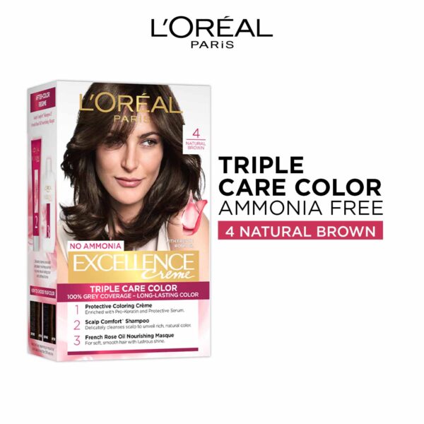 L'Oreal Paris Excellence Creme Hair Color, 4 Natural Brown -72ml+100g - L'Oreal Paris