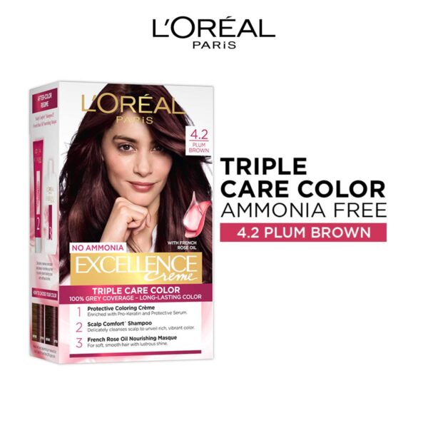 L'Oreal Paris Excellence Creme Hair Color, 4.2 Plum Brown, 72ml+100g - L'Oreal Paris