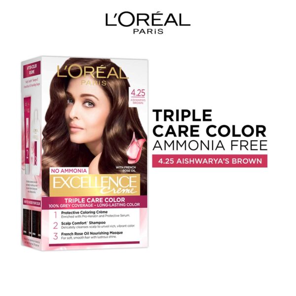 L'Oreal Paris Excellence Creme Hair Color, 4.25 Aishwarya's Brown, 72ml+100g - L'Oreal Paris