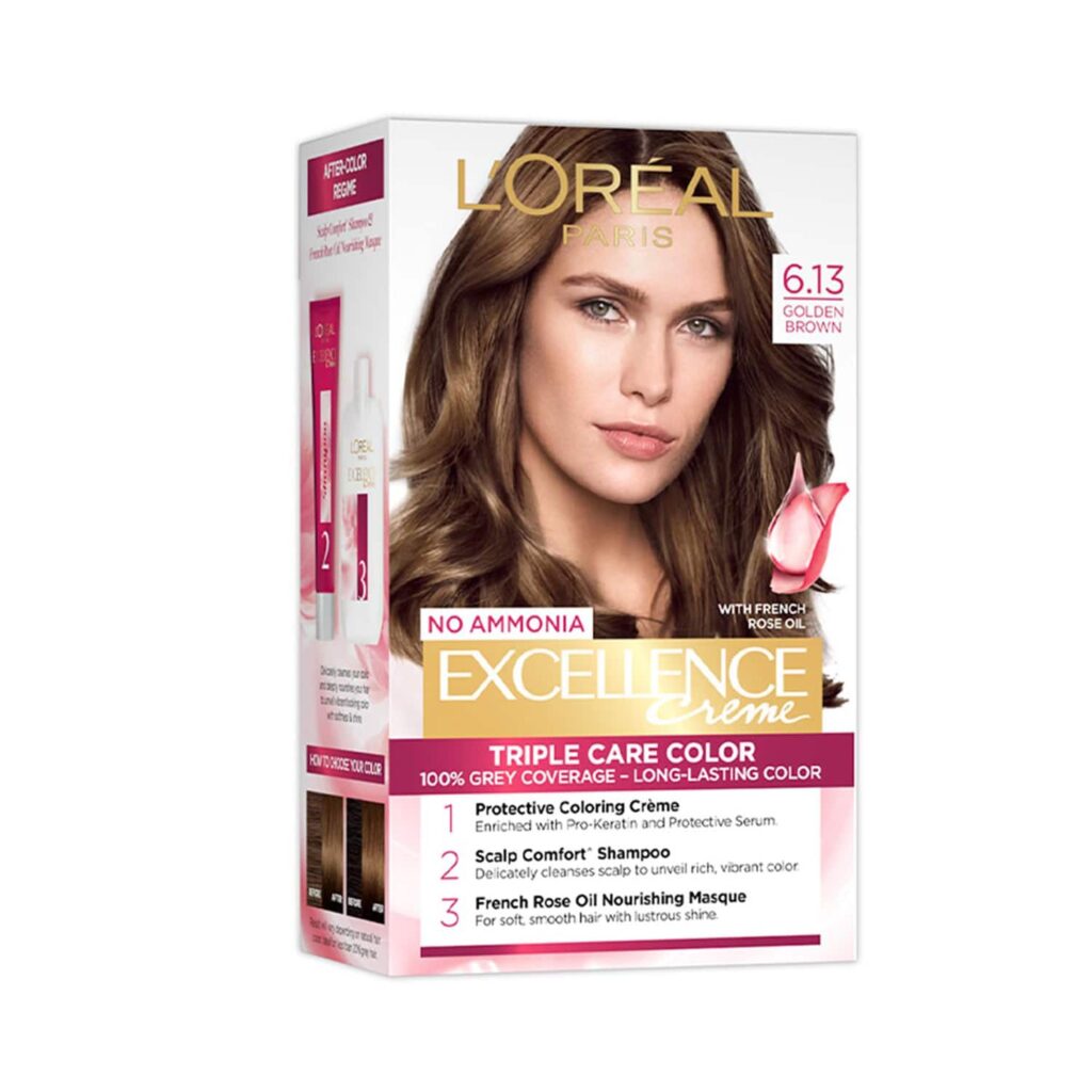 L'Oreal Paris Excellence Creme Hair Color, 6.13 Golden Brown, 72ml+100g - L'Oreal Paris