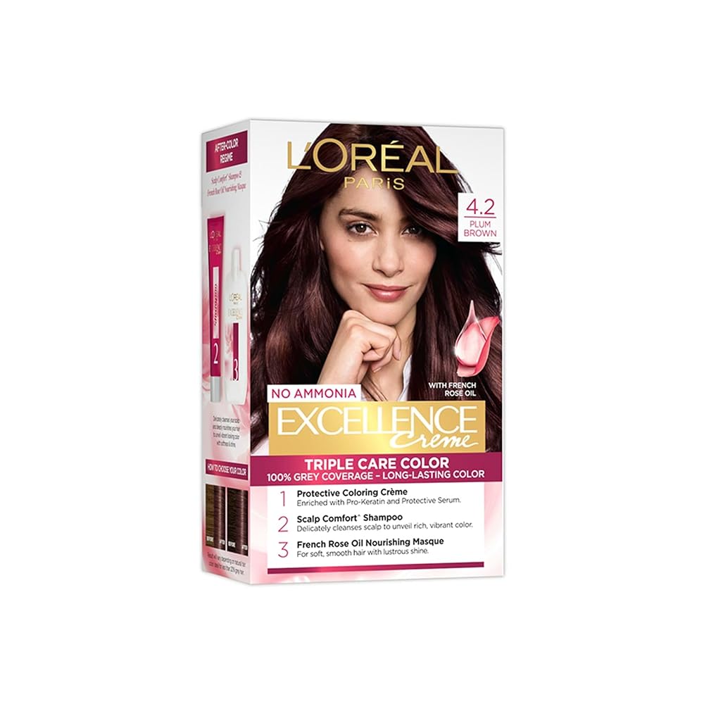 L'Oreal Paris Hair Colour, Radiant At-Home Hair Colour with up to 100% Grey Coverage, Excellence Creme, 4.2 Plum Brown, 72ml+100g