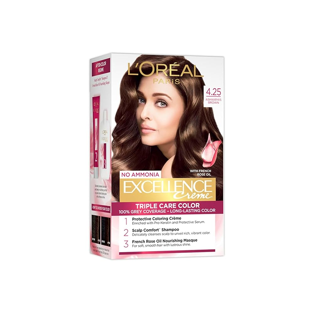 L'Oreal Paris Permanent Hair Colour, Radiant At-Home Hair Colour with up to 100% Grey Coverage, Pro-Keratin, Up to 8 Weeks of Colour, Excellence Crème, 4.25 Aishwarya'S Brown,...
