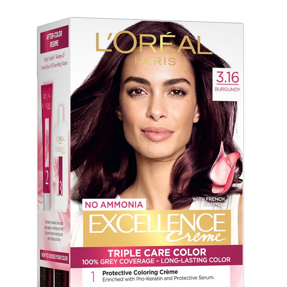 L'Oréal Paris Permanent Hair Colour, Radiant At-Home Hair Colour with up to 100% Grey Coverage, Pro-Keratin, Up to 8 Weeks of Colour, Excellence Crème, 3.16 Burgundy, 72ml+100g