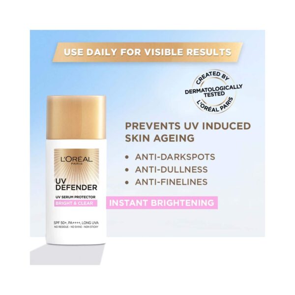 L'Oreal Paris UV Defender Serum Protector Sunscreen SPF 50 PA+++ - Bright & Clear (50ml) - L'Oreal Paris