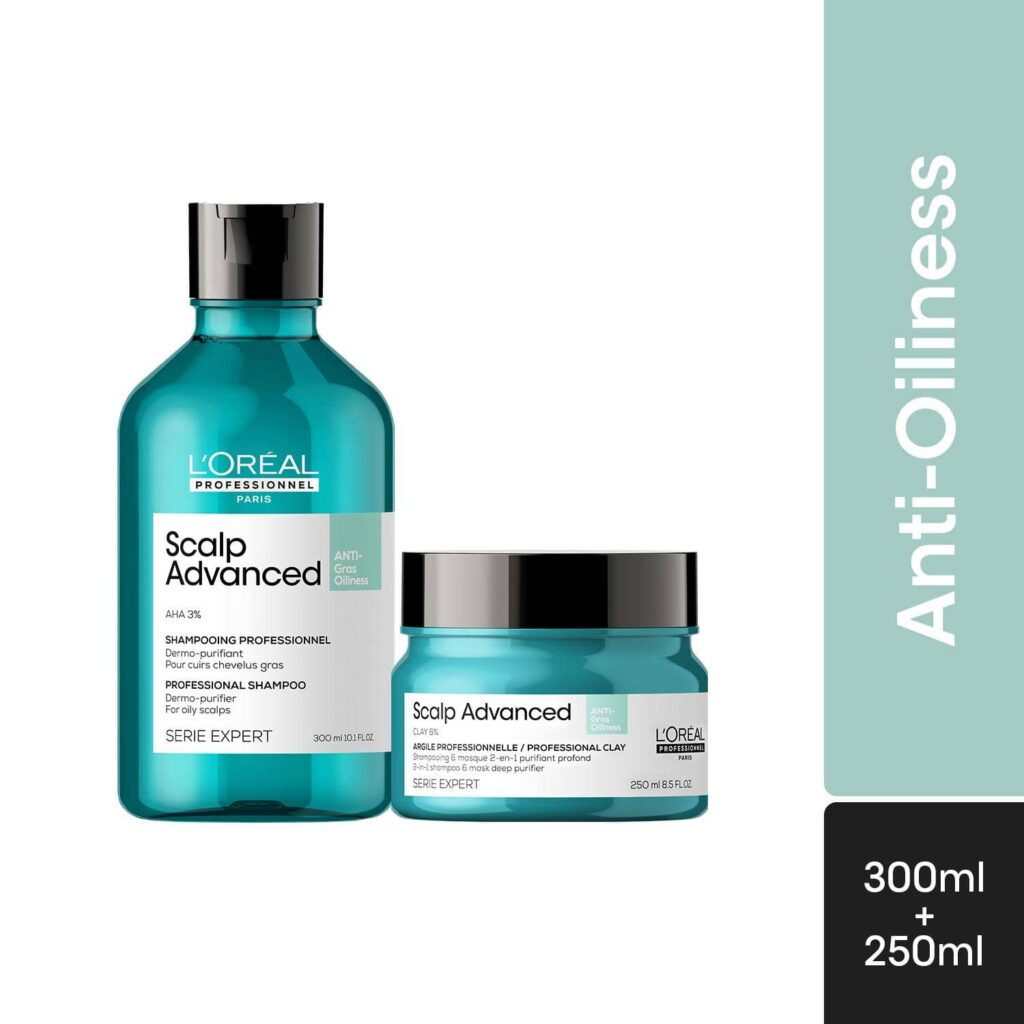 L'OREAL PROFESSIONNEL Scalp Anti-Oiliness Shampoo (300 ml), 2-In-1 Deep Purifier Clay (250 g) Combo - L'OREAL PROFESSIONNEL