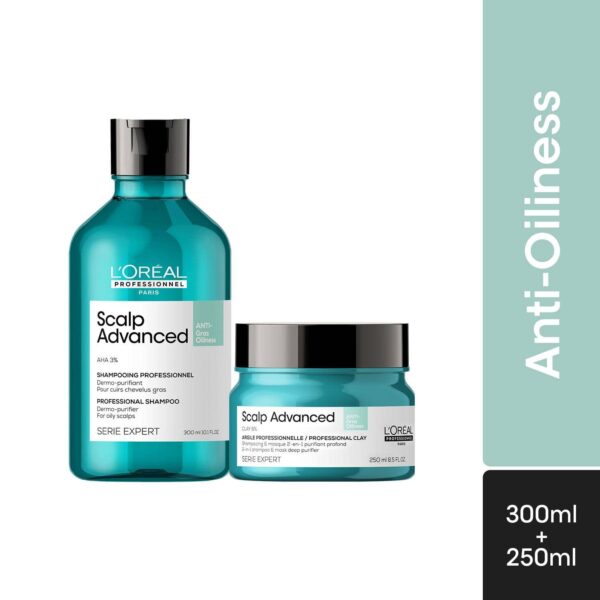 L'OREAL PROFESSIONNEL Scalp Anti-Oiliness Shampoo (300 ml), 2-In-1 Deep Purifier Clay (250 g) Combo - L'OREAL PROFESSIONNEL