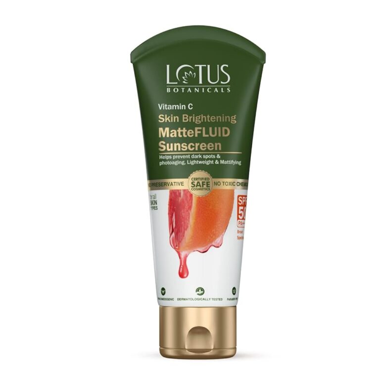 Lotus Botanicals Vitamin C Skin Brightening MatteFluid Sunscreen | SPF 50 | PA+++ | 100x Vitamin C | Protects from Sun, UV Rays | Brightens Skin | No White Cast | Water...