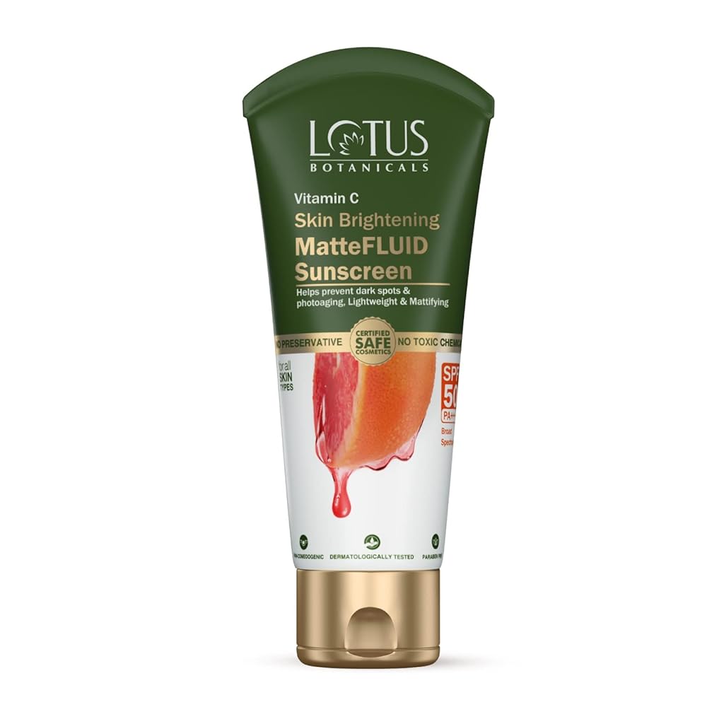 Lotus Botanicals Vitamin C Skin Brightening MatteFluid Sunscreen | SPF 50 | PA+++ | 100x Vitamin C | Protects from Sun, UV Rays | Brightens Skin | No White Cast | Water...