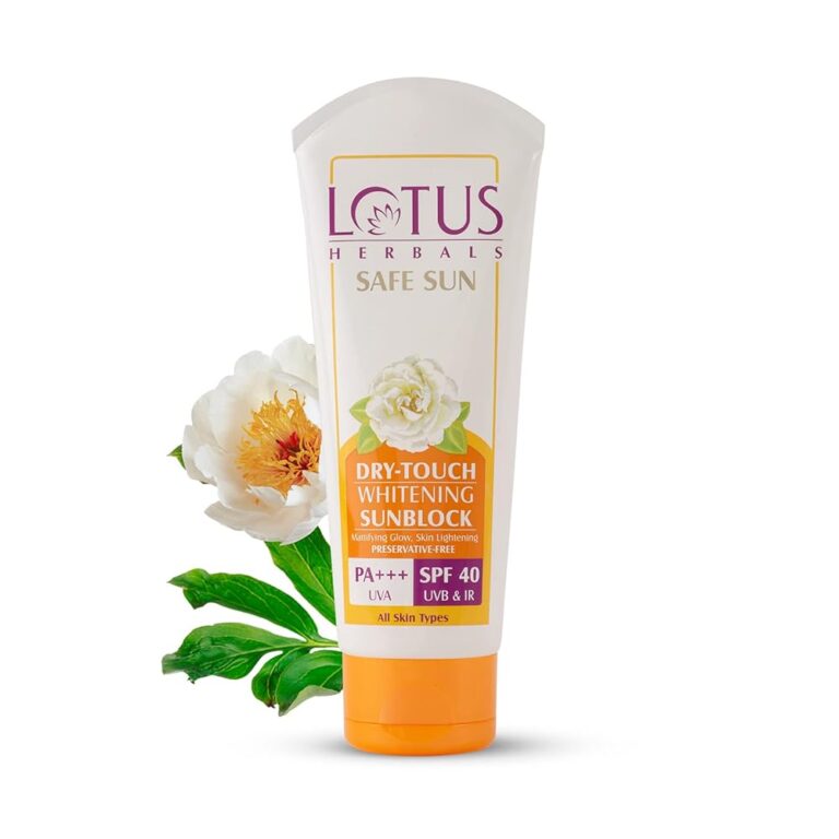 Lotus Herbals Safe Sun Dry-Touch Whitening Sunblock | Matte Texture | SPF 40 | PA+++ | Preservative Free | 100g