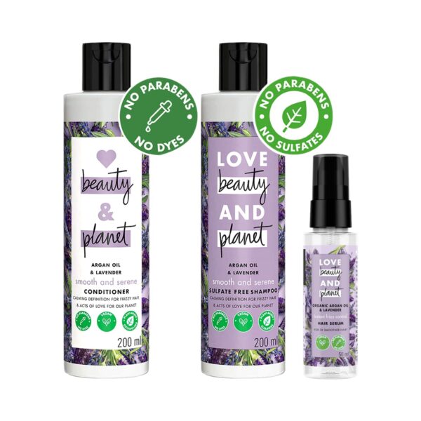 LOVE beauty AND planet Argan Oil And Lavender Anti Frizz Shampoo, Conditioner & Hair Serum Combo - LOVE beauty AND planet