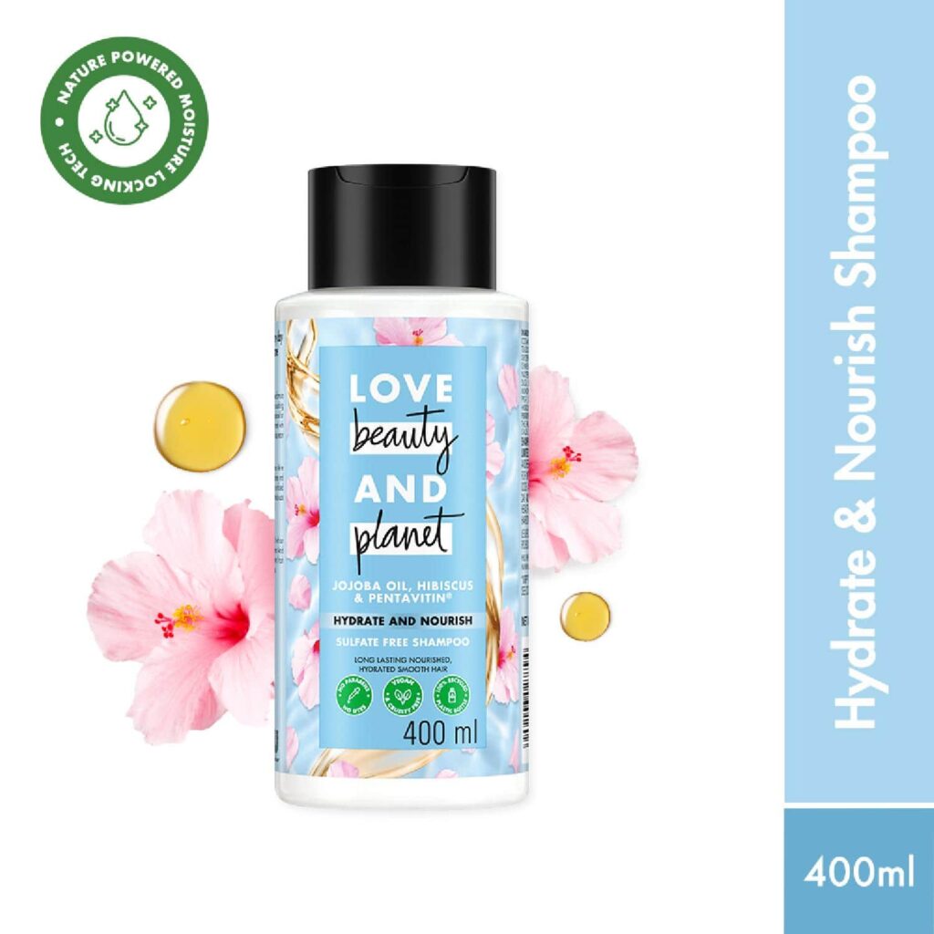 LOVE beauty AND planet Jojoba Oil, Hibiscus & Pentavitin Hydrate & Nourish Shampoo (400 ml) - LOVE beauty AND planet