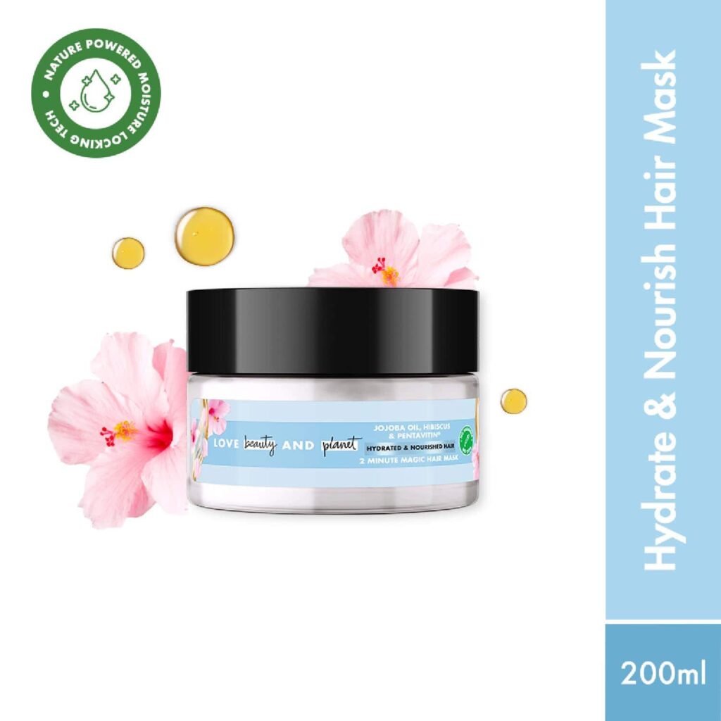 LOVE beauty AND planet Jojoba Oil, Hibiscus & Pentavitin Hydrate & Nourish Hair Mask (200 ml) - LOVE beauty AND planet