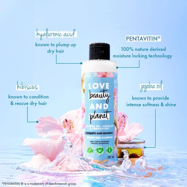 LOVE beauty AND planet Jojoba Oil, Hibiscus & Pentavitin Hydrate & Nourish Shampoo (200 ml) - LOVE beauty AND planet