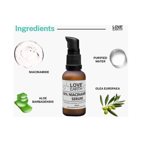 Love Earth 10% Niacinamide Serum With Aloe Vera & Olive Leaf Extract For & Acne Prone Skin (30ml) - Love Earth
