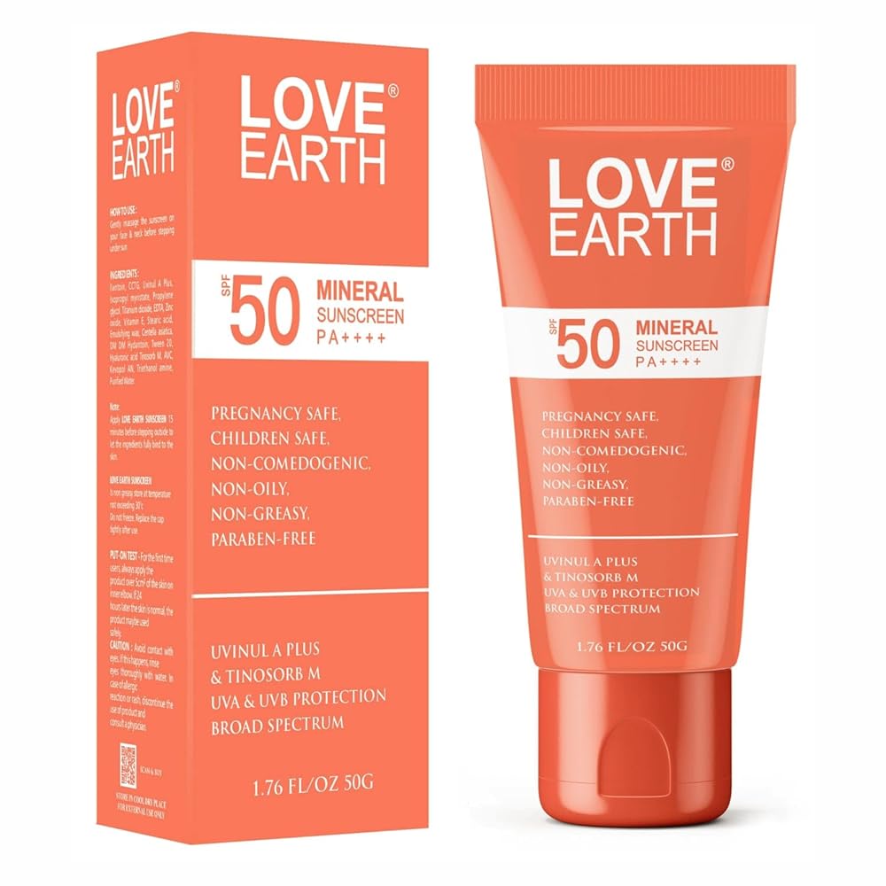 Love Earth Mineral Sunscreen SPF 50 PA++++| No White Cast | UV Protection | Non-Oily | Non-Greasy | Paraben-Free | All Skin Types | For Women & Men | Safe for pregnant and...