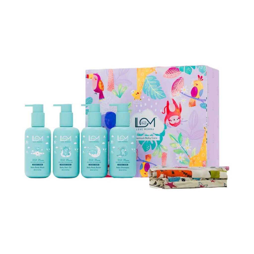 Love Momma Napkins Gift Hamper for Baby Care (Baby Shampoo, Hair Oil, Body Butter, Body Wash) - (4 pcs) - Love Momma