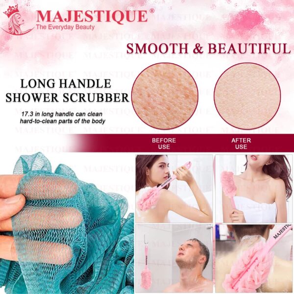 Majestique Long Handle Bath Loofah, Body Scrubber Soft Nylon Mesh Sponge Bath Brush- Multicolor - Majestique