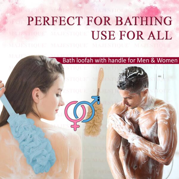 Majestique Long Handle Bath Loofah, Body Scrubber Soft Nylon Mesh Sponge Bath Brush- Multicolor - Majestique
