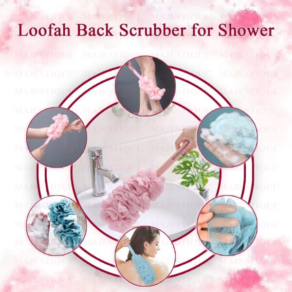 Majestique Long Handle Bath Loofah, Body Scrubber Soft Nylon Mesh Sponge Bath Brush- Multicolor - Majestique