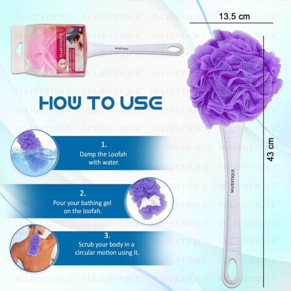 Majestique Long Handle Loofah for Back Scrubber, Easy Reach Body Wash, Back Cleaning - Color May Vary - Majestique
