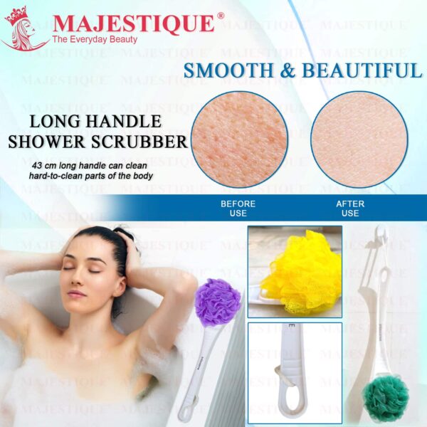 Majestique Long Handle Loofah for Back Scrubber, Easy Reach Body Wash, Back Cleaning - Color May Vary - Majestique