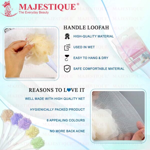 Majestique Long Handle Loofah for Back Scrubber, Easy Reach Body Wash, Back Cleaning - Color May Vary - Majestique