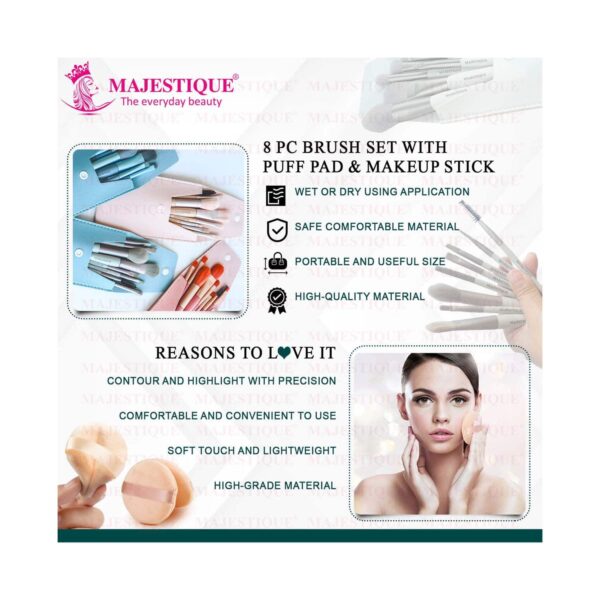 Majestique Makeup Brush Set with Powder Puff and Stick (9 pcs) - Majestique