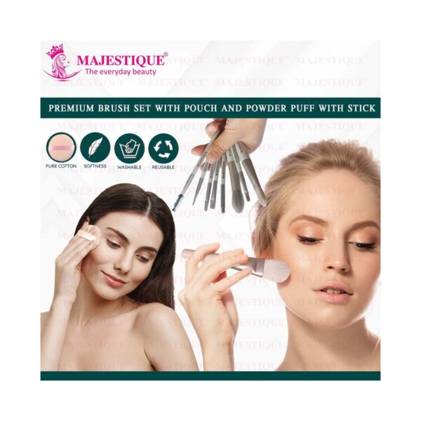 Majestique Makeup Brush Set with Powder Puff and Stick (9 pcs) - Majestique