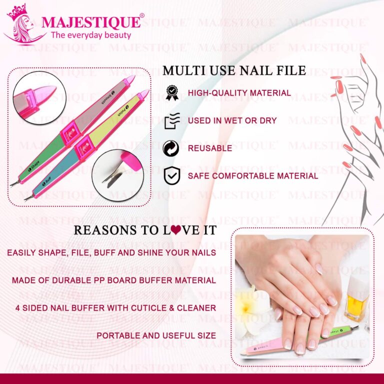 Majestique Multi-Use Nail File, 4 Way Buffer Shapes Nail File Perfect for Filing - Color May Vary - Majestique