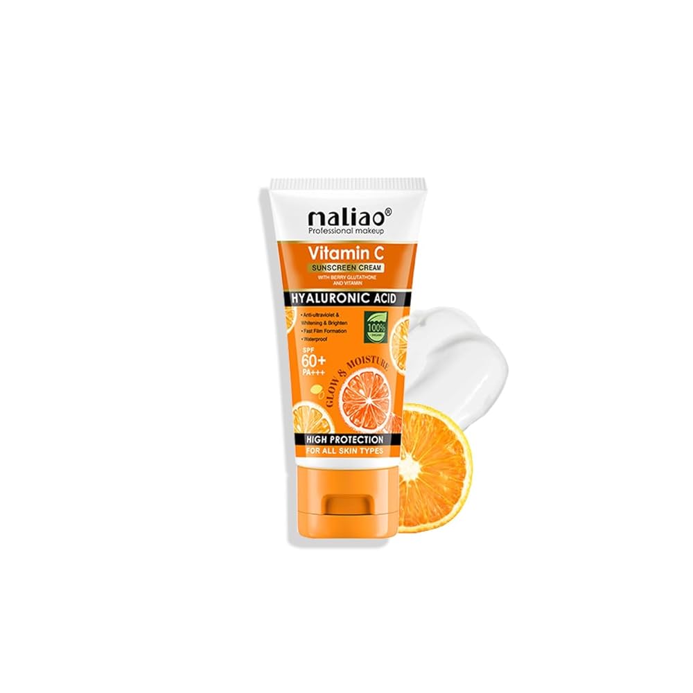 Maliao Vitamin C Sunscreen Cream SPF 60+ PA+++ | With Berry Glutathione & Hyaluronic Acid | Waterproof & Sweatproof | Brightening & Anti-Aging Sunblock | For All Skin Types | 100g