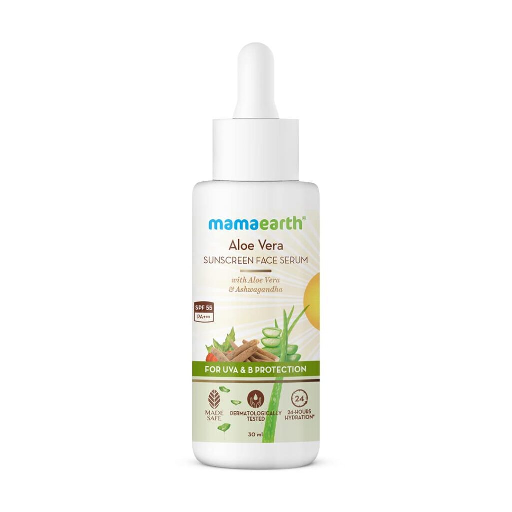 Mamaearth Aloe Vera Sunscreen For All Skin Types Face Serum With Spf 55, With Aloe Vera & Ashwagandha For UVA& B Protection - 30 Ml, Pack Of 1
