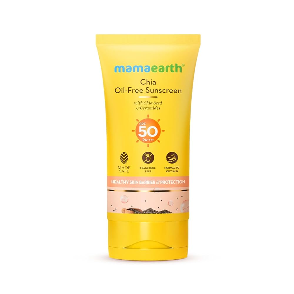 Mamaearth Chia Oil-Free Sunscreen with Chia Seed & Ceramides for Hydrated Glow & Sun Protection - 50g | SPF50 PA++++ | Oil-Free Formula for Normal to Oily Skin | UVA/B...