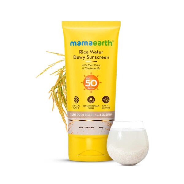 Mamaearth Rice Water Dewy Sunscreen with Rice Water & Niacinamide & Tan Protection SPF 50 PA++++ (80g) - Mamaearth