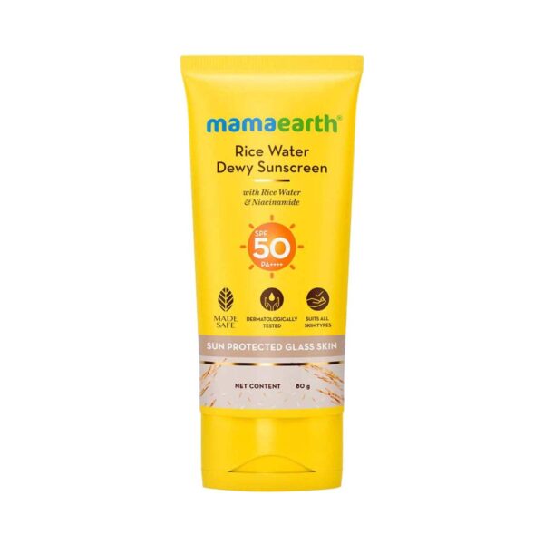 Mamaearth Rice Water Dewy Sunscreen with Rice Water & Niacinamide & Tan Protection SPF 50 PA++++ (80g) - Mamaearth