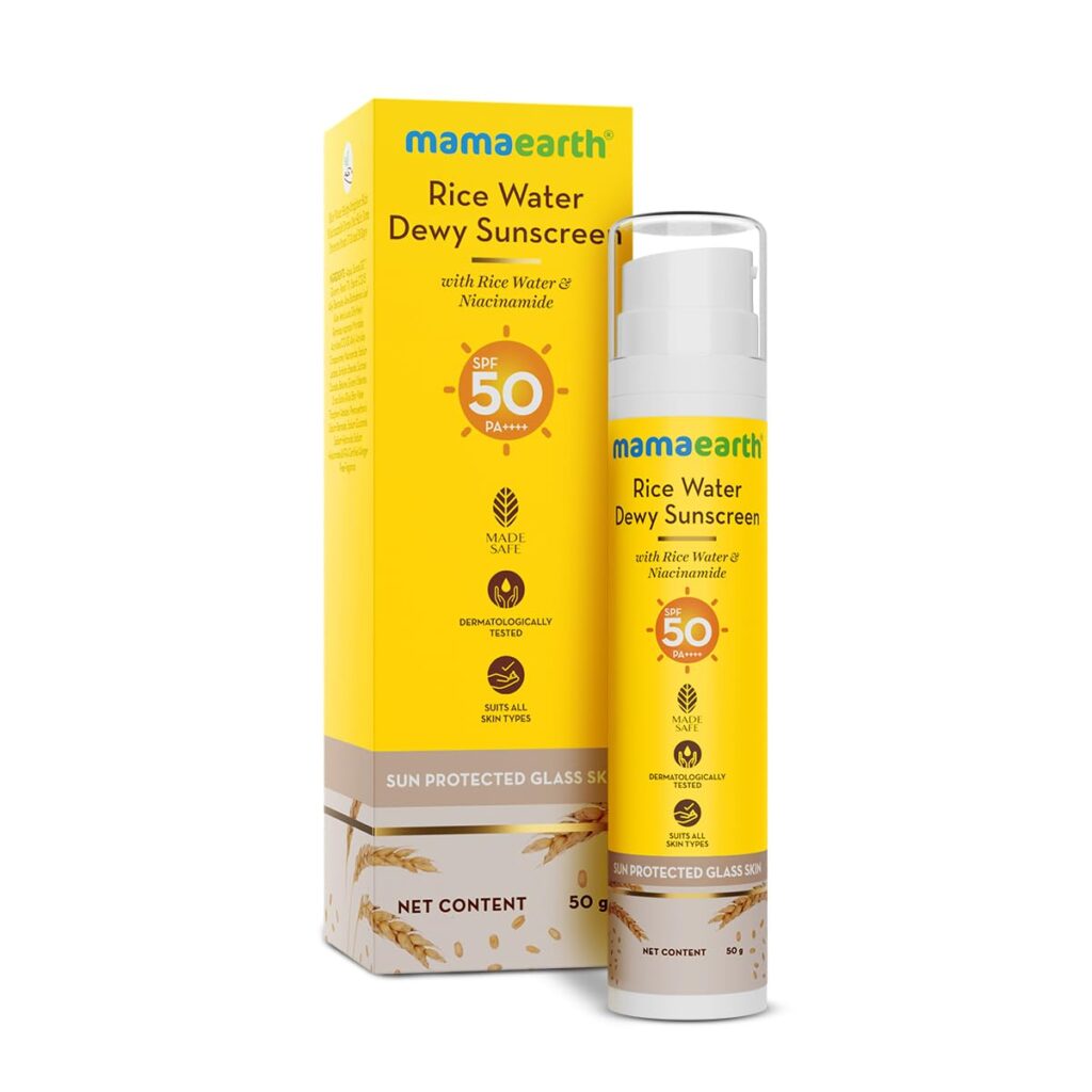 Mamaearth Rice Water Dewy Sunscreen with SPF 50 PA++++ | UVA & UVB Protection | Tan Protection | Gives Glass Skin Glow | No White Cast | For All Skin Types | 50 g