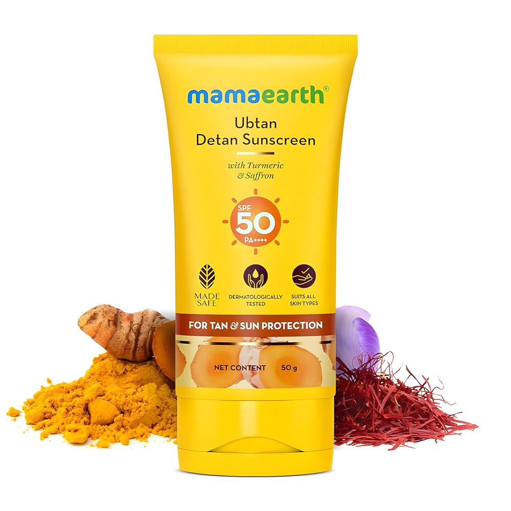 Mamaearth Ubtan Detan Sunscreen With Turmeric & Saffron | SPF 50 & PA++++ for UVA/B Protection | Tan Protection | Brightens Skin | Non-Greasy & Lightweight | No White Cast | For...