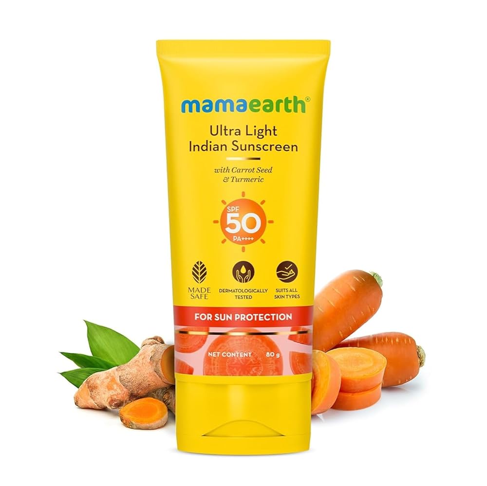 Mamaearth Ultra Light Indian Sunscreen with Carrot Seed & Turmeric|SPF 50 PA ++++|UVA & UVB Protection|No White Cast|Non-Greasy & Quick Absorbing|Super Lightweight|Suits All...
