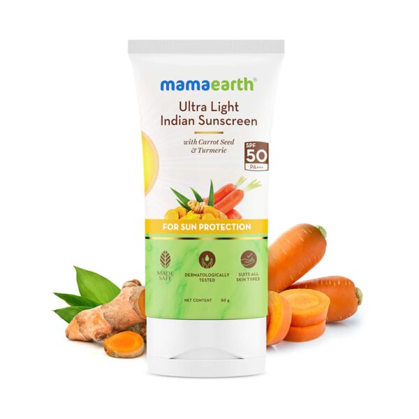 Mamaearth Ultra-Light Indian Sunscreen with Carrot Seed, Turmeric, Tan Protection SPF 50 PA++++ (50 g) - Mamaearth