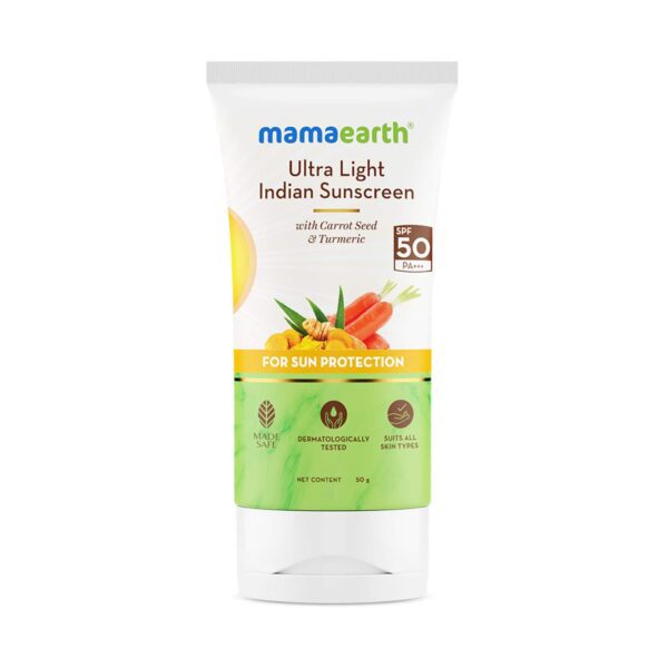 Mamaearth Ultra-Light Indian Sunscreen with Carrot Seed, Turmeric, Tan Protection SPF 50 PA++++ (50 g) - Mamaearth