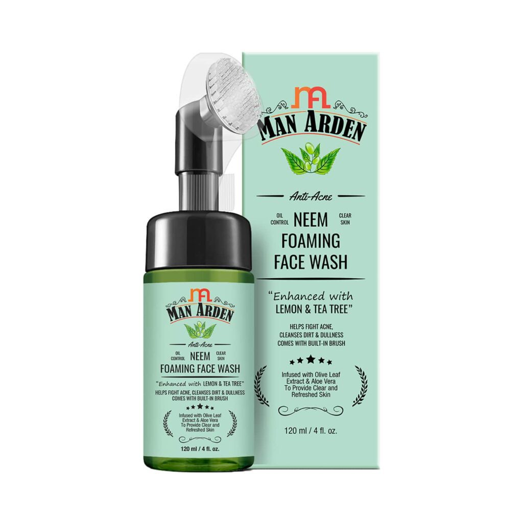 Man Arden Anti-Acne Neem Foaming Face Wash With Built-In Brush Helps Fight Acne, Cleanses Dirt & Dullness Infused With Olive Leaf Extract & Aloe Vera (120ml) - Man Arden