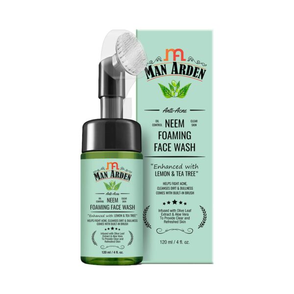 Man Arden Anti-Acne Neem Foaming Face Wash With Built-In Brush Helps Fight Acne, Cleanses Dirt & Dullness Infused With Olive Leaf Extract & Aloe Vera (120ml) - Man Arden