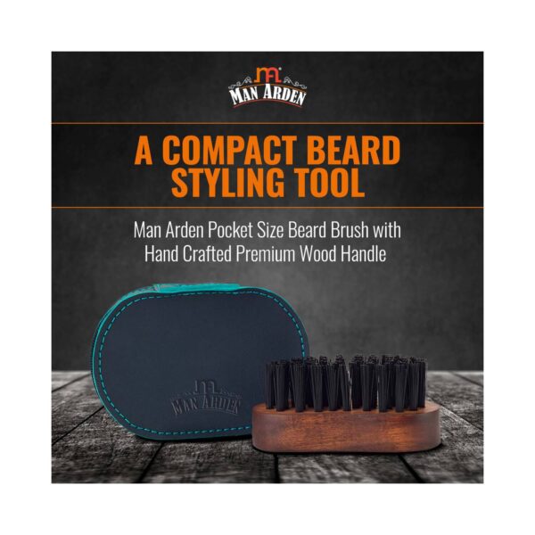 Man Arden Pocket Size Beard Brush With Hand Crafted Premium Wood Handle With Premium Faux Leather Pouch - Brown - Man Arden