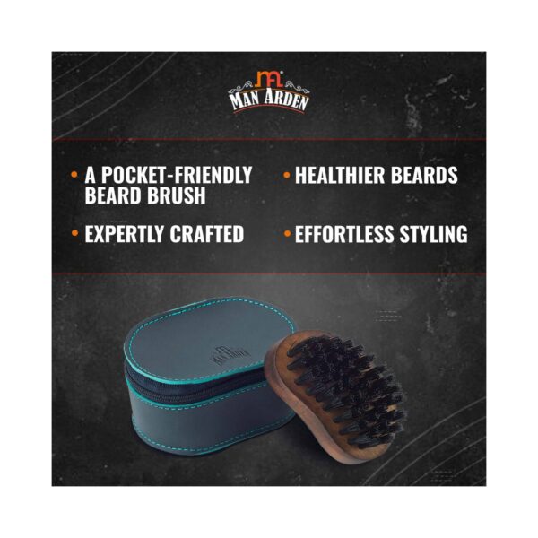Man Arden Pocket Size Beard Brush With Hand Crafted Premium Wood Handle With Premium Faux Leather Pouch - Brown - Man Arden