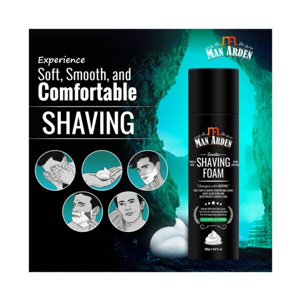 Man Arden Shaving Foam For Sensitive Skin Charged With Menthol, Aloe Vera & Tea Tree (200g) - Man Arden
