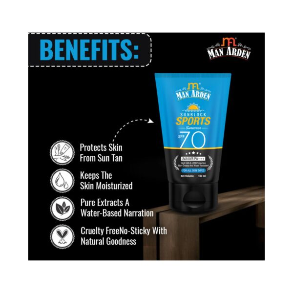Man Arden Sun Block Sports Sunscreen SPF 70 UVA/UVB PA+++ With Non Greasy And Water Resistant (100ml) - Man Arden