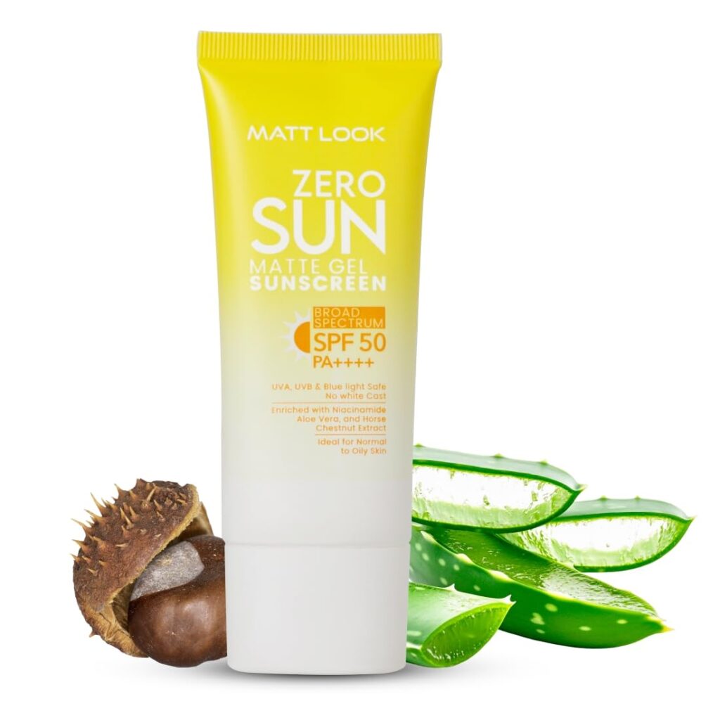 MATT LOOK Zero SUN Matte Gel SPF 50 PA++ Sunscreen (UVA/UVB/Blue Light Safe) with Niacinamide, Aloe & Horse-Chestnut for Normal to Oily Skin - 50Gms (Pack 1)