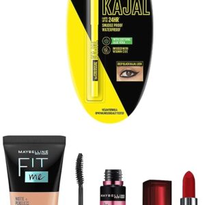 Maybelline New York Date Night Buildable Makeup Kit - Fit Me Foundation Tube Sun Beige + Hypercurl Mascara Washable + Colossal Kajal + Creamy Matte Siren In Scarlet, Pack Of 1,...