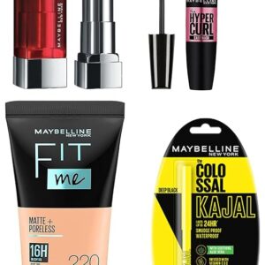 Maybelline New York Date Night Makeup Kit - Fit Me Foundation Tube Natural Beige + Hypercurl Mascara Washable + Colossal Kajal + Creamy Matte Siren In Scarlet, 1 Count