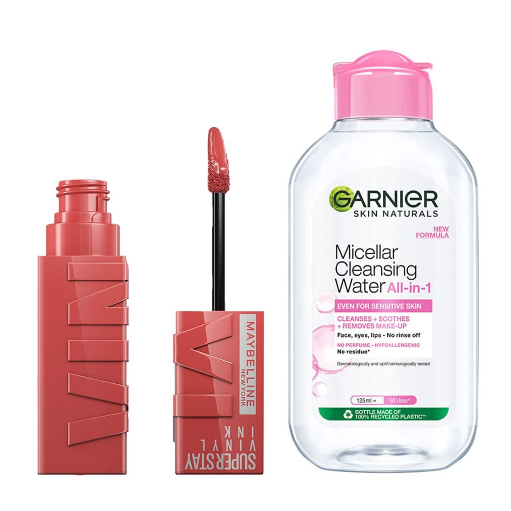 Maybelline Superstay Vinyl Ink Liquid Lipstick, Peachy with Garnier Micellar Cleansing Water Combo - Maybelline New York