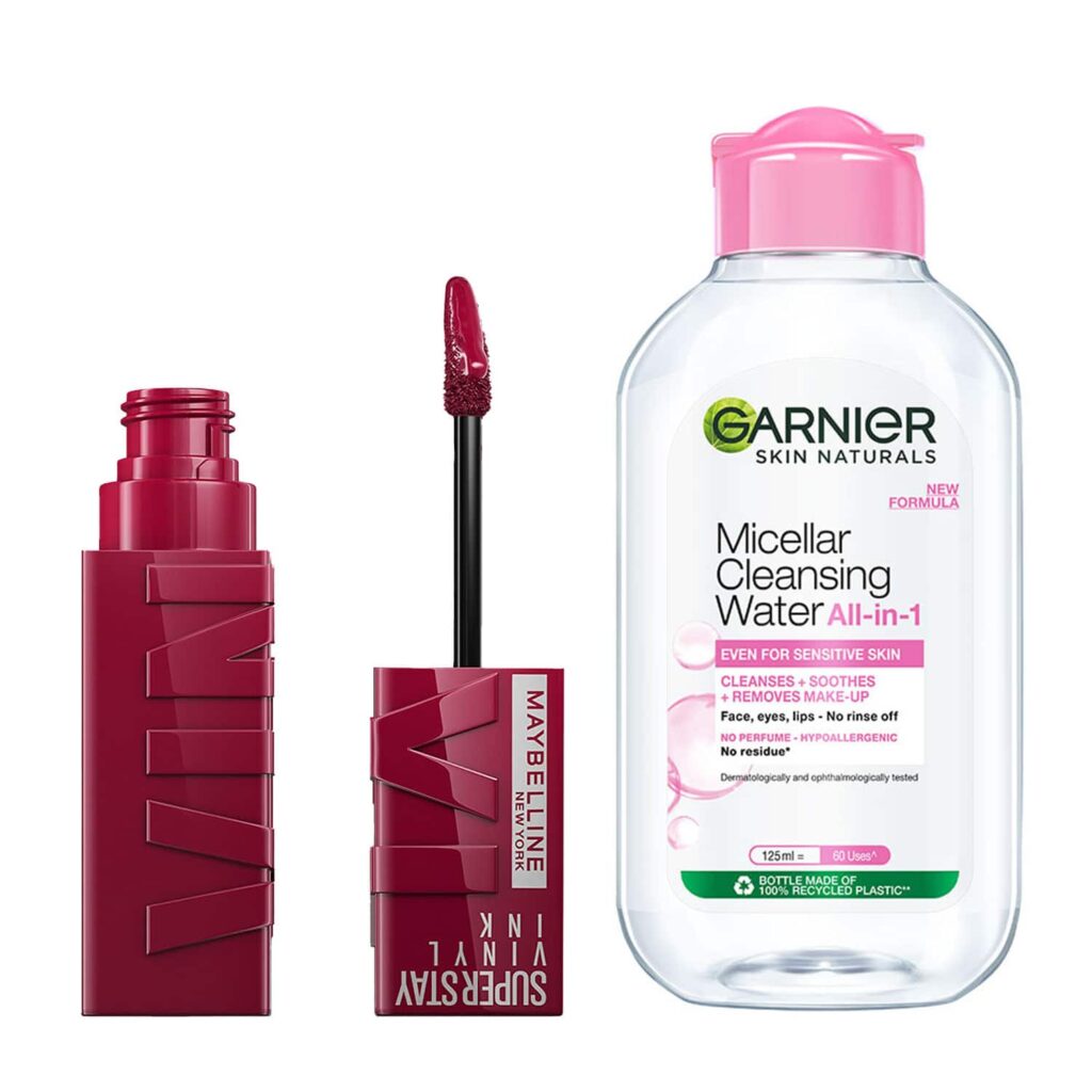 Maybelline Superstay Vinyl Ink Liquid Lipstick Unrivaled with Garnier Micellar Cleansing Water Combo - Maybelline New York